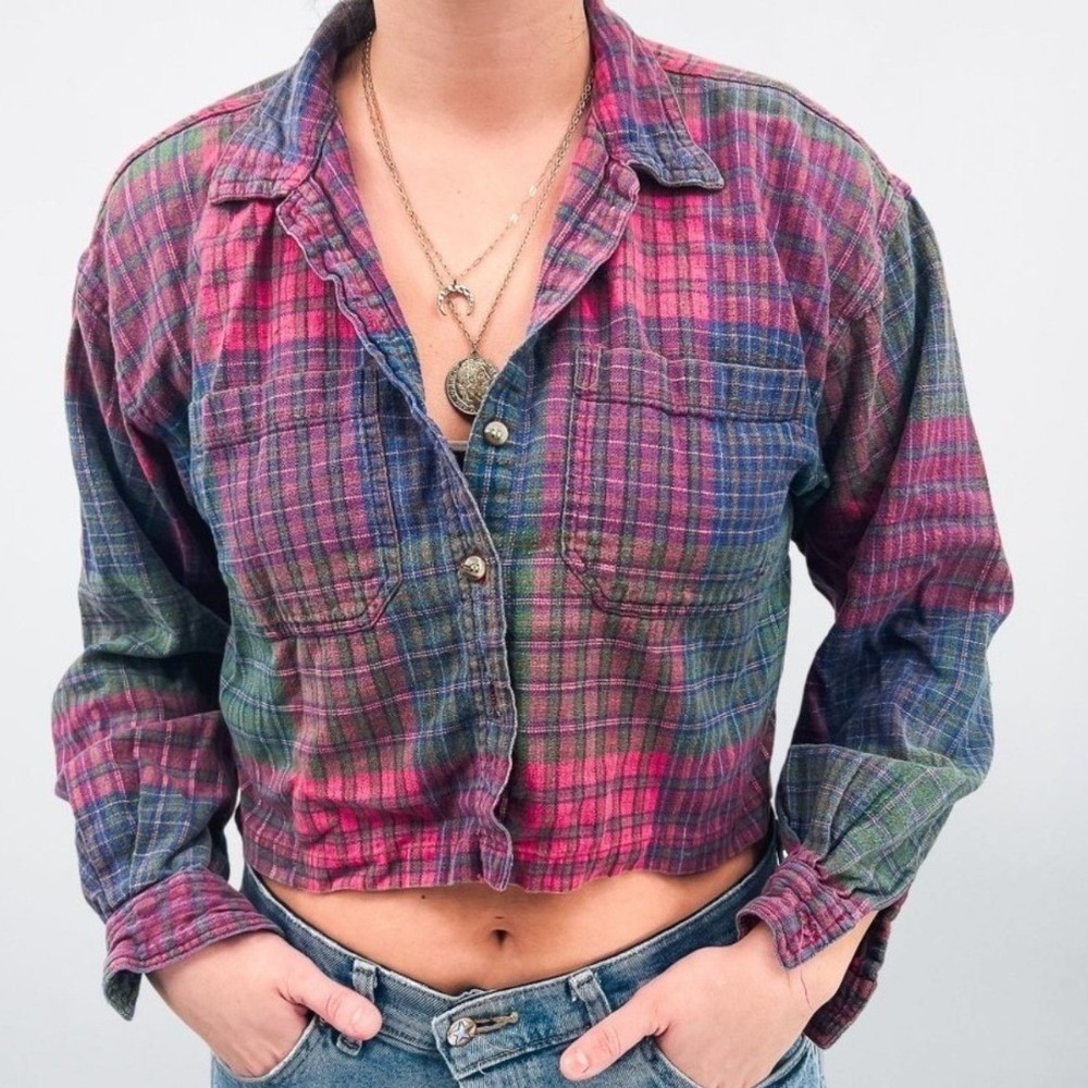 955 Originals‎ Vintage Cropped Flannel Shirt Pink Blue Green Plaid Raw Hem Small